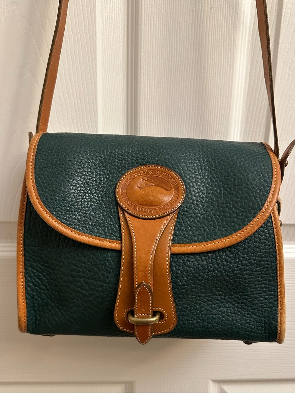 Dooney & Bourke Vintage Forest Green Pebbled Leather Shoulder Bag with Tan Trim